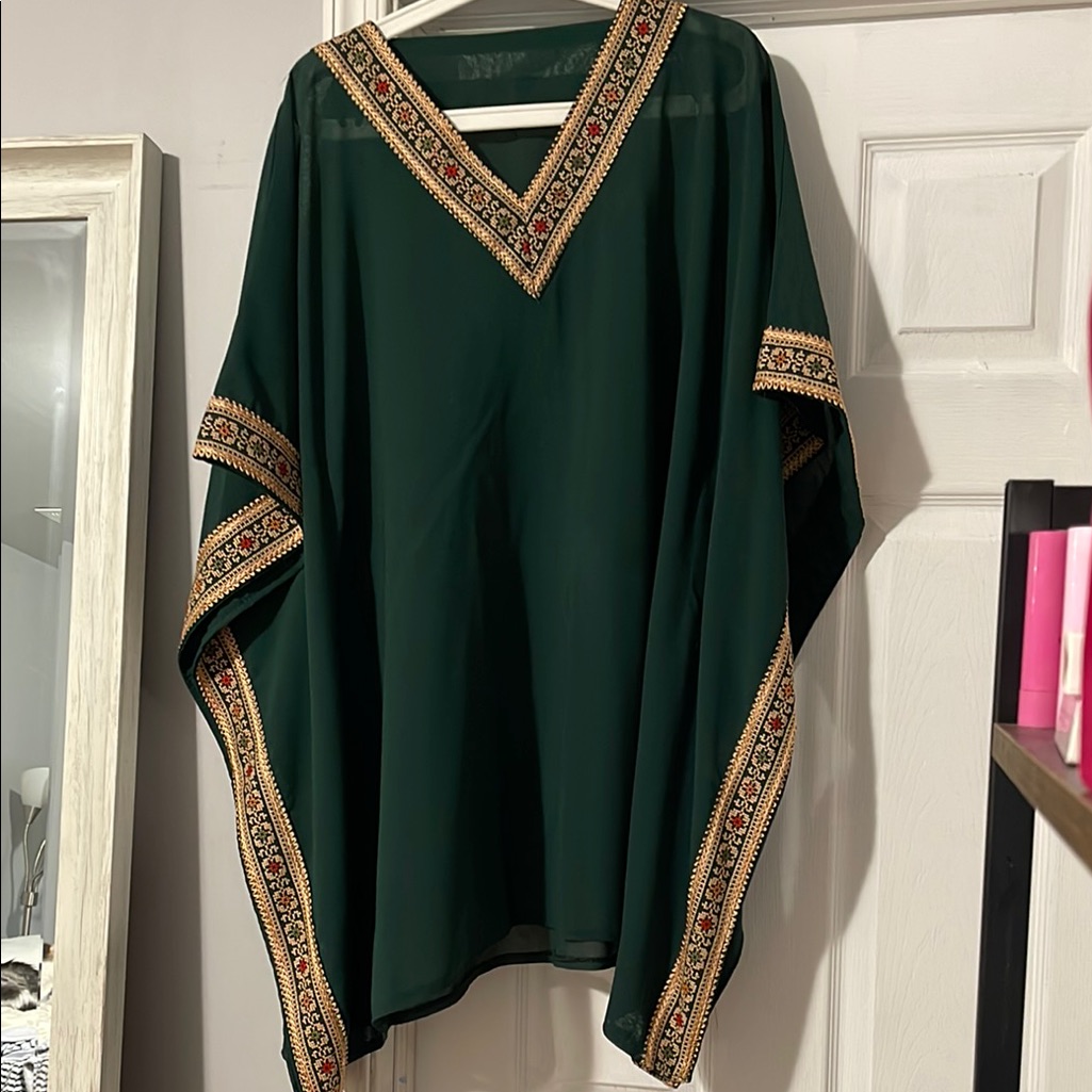 Dark Green Embellished V-Neck Kaftan Top